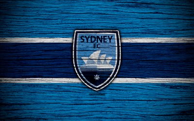 Sydney FC, 4k, soccer, A-League, football club, Australia, Sydney, logo, wooden texture, FC Sydney