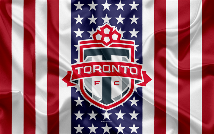 Toronto FC, 4k, logo, silk texture, American flag, emblem, football club, MLS, Toronto, Ontario, Canada, USA, Major League Soccer, Eastern conference