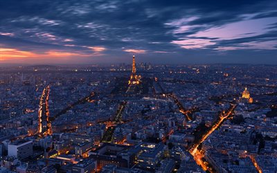 Paris, Eyfel Kulesi, gece, megapolis, gece ışıkları, Fransa