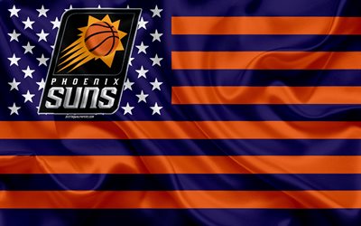 Phoenix Suns, Amerikansk basket club, Amerikansk kreativa flagga, bl&#229; orange flagga, NBA, Phoenix, Arizona, USA, logotyp, emblem, silk flag, National Basketball Association, basket