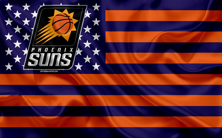 Los Phoenix Suns, Estadounidense de baloncesto del club, American creativo de la bandera, azul, bandera de color naranja, de la NBA, de Phoenix, Arizona, estados UNIDOS, logotipo, emblema, bandera de seda, Asociaci&#243;n Nacional de Baloncesto, baloncest