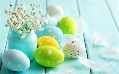 Paskalya yumurtaları, Paskalya mavi arka plan, beyaz bahar &#231;i&#231;ekleri, Paskalya, mavi ahşap arka plan
