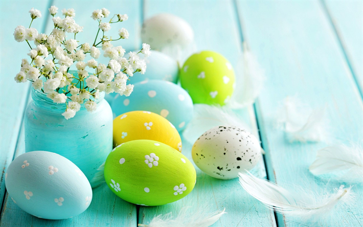 Easter eggs, blue Easter background, white spring flowers, Easter, blue wooden background