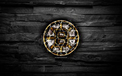 Boston Bruins, fiery logo, NHL, black wooden background, american hockey team, grunge, Eastern Conference, hockey, Boston Bruins logo, fire texture, USA