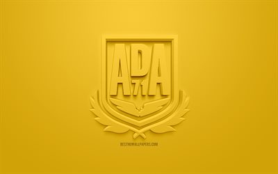 ANNONS-Alcorcon, kreativa 3D-logotyp, gul bakgrund, 3d-emblem, Spansk fotbollsklubb, League 2, Andra, Alcorcon, Spanien, 3d-konst, fotboll, 3d-logotyp