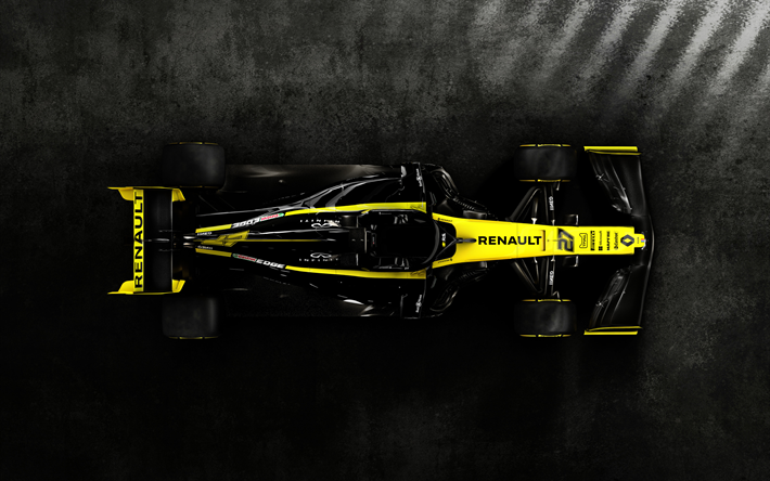 4k, Renault RS19, top view, 2019 F1 cars, Formula One, Renault F1 Team, Formula 1, F1 2019, new RS19, F1, Renault E-Tech 19, F1 cars