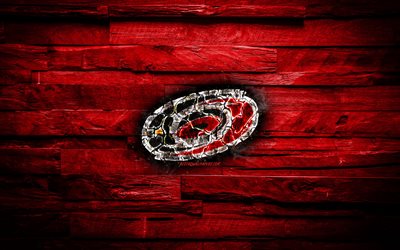 Carolina Hurricanes, fiery logo, NHL, red wooden background, american hockey team, grunge, Eastern Conference, hockey, Carolina Hurricanes logo, fire texture, USA