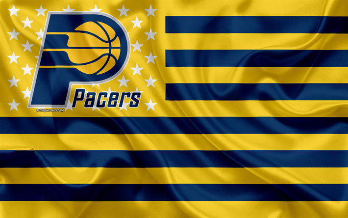 Indiana Pacers, Amerikansk basket club, Amerikansk kreativa flagga, gul bl&#229; flagg, NBA, Indianapolis, Indiana, USA, logotyp, emblem, silk flag, National Basketball Association, basket