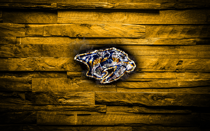 Nashville Predators, fiery logo, NHL, yellow wooden background, american hockey team, grunge, Western Conference, hockey, Nashville Predators logo, fire texture, USA