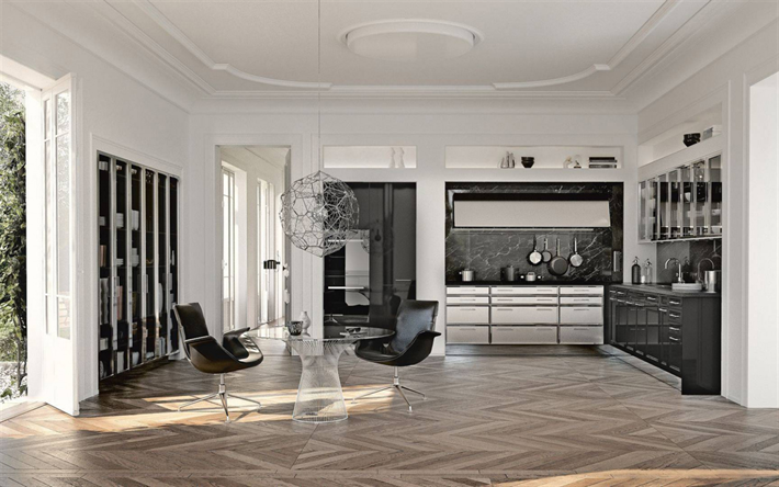 modern kitchen design, stylish interior, black marble in the kitchen, creative round chandelier, modern interior, kitchen