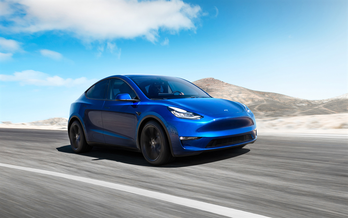 2021, Tesla Model Y, kompakt elektrisk crossover, nya bl&#229; Modell Y, exteri&#246;r, elbilar, Amerikanska bilar, Tesla