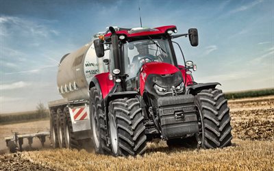 Case IH Optum CVX, la aplicaci&#243;n de fertilizantes, nuevo tractor, la labranza, el tractor con un barril en el campo de Caso