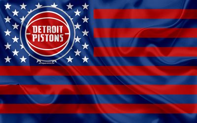 Detroit Pistons, Amerikan basketbol kul&#252;b&#252;, yaratıcı Amerikan bayrağı, Kırmızı, Mavi Bayrak, NBA, Detroit, Michigan, ABD, logo, amblem, ipek bayrak, basketbol