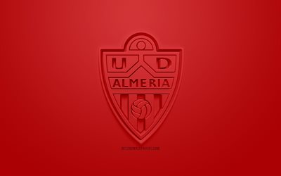 ud almeria, kreative 3d-logo, roter hintergrund, 3d-wahrzeichen, der spanischen fu&#223;ball-club, la liga 2, segunda, almeria, spanien, 3d-kunst, fu&#223;ball, 3d-logo, almeria fc