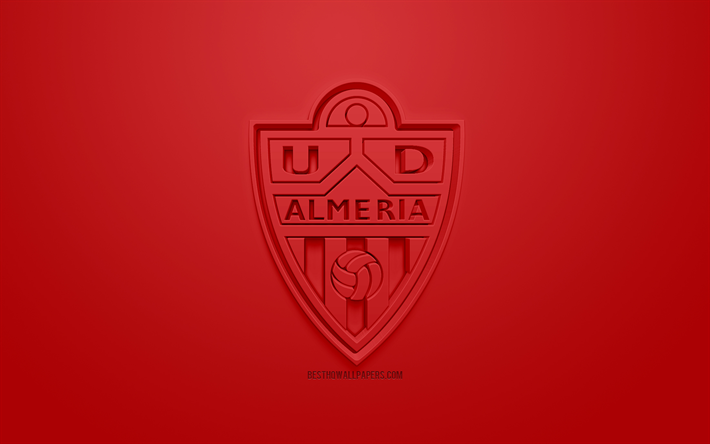 UD Almeria, yaratıcı 3D logo, kırmızı bir arka plan, 3d amblem, İspanyol Futbol Kul&#252;b&#252;, La 2 Lig, Segunda, Almeria, İspanya, 3d sanat, futbol, 3d logo, Almeria FC