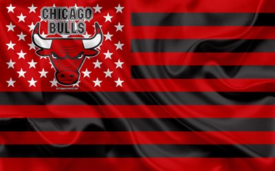 Chicago Bulls, Amerikansk creative club, Amerikansk kreativa flagga, red black flag, NBA, Chicago, Illinois, USA, logotyp, emblem, silk flag, National Basketball Association, basket