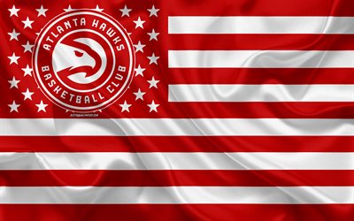 atlanta hawks american basketball club, american kreative flagge, rot-wei&#223;e fahne, nba, atlanta, georgia, usa, logo, emblem, seidene fahne, national basketball association, basketball