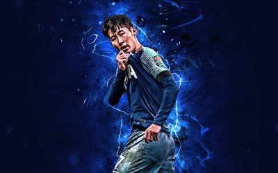 Son Heung-min, blue uniform, Tottenham Hotspur FC, joy, South Korean footballers, soccer, Heung-min Son, forward, Premier League, neon lights, Tottenham FC