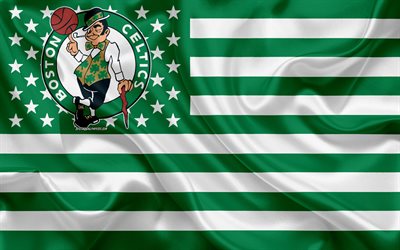 Boston Celtics, Amerikansk basket club, Amerikansk kreativa flagga, gr&#246;n vit flagg, NBA, Boston, Massachusetts, USA, logotyp, emblem, silk flag, National Basketball Association, basket