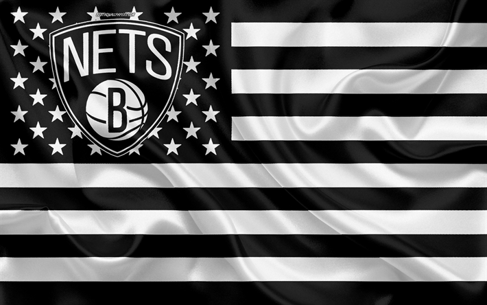 Brooklyn Nets, American basketball club, Amerikkalainen luova lippu, musta ja valkoinen lippu, NBA, Brooklyn, New York, USA, logo, tunnus, silkki lippu, National Basketball Association, Koripallo