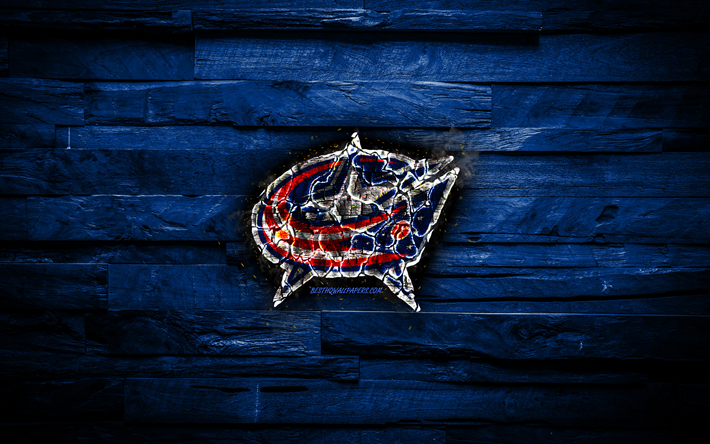 Columbus Blue Jackets, fiery logo, NHL, blue wooden background, american hockey team, grunge, Eastern Conference, hockey, Columbus Blue Jackets logo, fire texture, USA