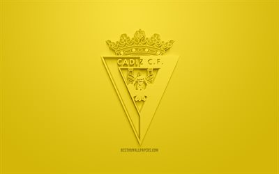 Cadiz CF, yaratıcı 3D logo, sarı arka plan, 3d amblem, İspanyol Futbol Kul&#252;b&#252;, La 2 Lig, Segunda, Cadiz, İspanya, 3d sanat, futbol, 3d logo