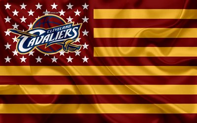 Cleveland Cavaliers, Americano de basquete clube, American criativo bandeira, borgonha bandeira amarela, NBA, Cleveland, Ohio, EUA, logo, emblema, seda bandeira, Associa&#231;&#227;o Nacional De Basquete, basquete