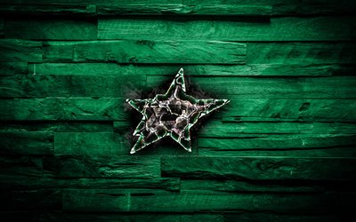 Dallas Stars, ardente logotipo, NHL, verde de madeira de fundo, americana time de h&#243;quei, grunge, Confer&#234;ncia Oeste, h&#243;quei, Dallas Stars logotipo, fogo textura, EUA