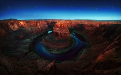 Horseshoe Bend, gece, Glen Kanyon, &#231;&#246;l, Colorado Nehri, Amerikan tarihinin, Arizona, ABD, g&#252;zel bir doğa, Amerika