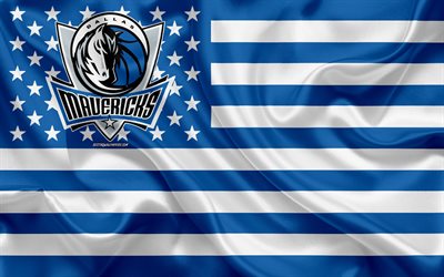 Dallas Mavericks, American basketbol kul&#252;b&#252;, yaratıcı Amerikan bayrağı, mavi beyaz bayrak, NBA, Dallas, Teksas, ABD, logo, amblem, ipek bayrak, basketbol