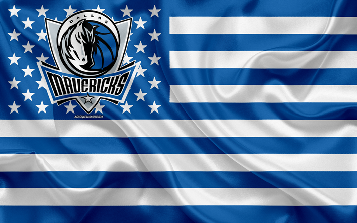 Dallas Mavericks, American basketball club, American creativo, bandiera, blu, bianco, NBA, Dallas, Texas, USA, logo, stemma, bandiera di seta, Associazione Nazionale di Basket, basket