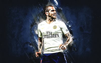 Dani Alves, PSG, Brasilialainen jalkapalloilija, puolustaja, luova sininen tausta, Paris Saint-Germain, muotokuva, League 1, Ranska, jalkapallo