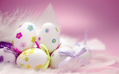 Easter eggs, pink Easter background, spring, eggs with drawings, Easter, spring holidays