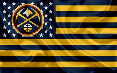 Denver Nuggets, Amerikan basketbol kul&#252;b&#252;, yaratıcı Amerikan bayrağı, mavi, sarı bayrak, NBA, Denver, Colorado, ABD, logo, amblem, ipek bayrak, Basketbol