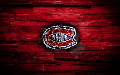 Montreal Canadiens, fiery logo, NHL, purple wooden background, american hockey team, grunge, Eastern Conference, hockey, Montreal Canadiens logo, fire texture, USA