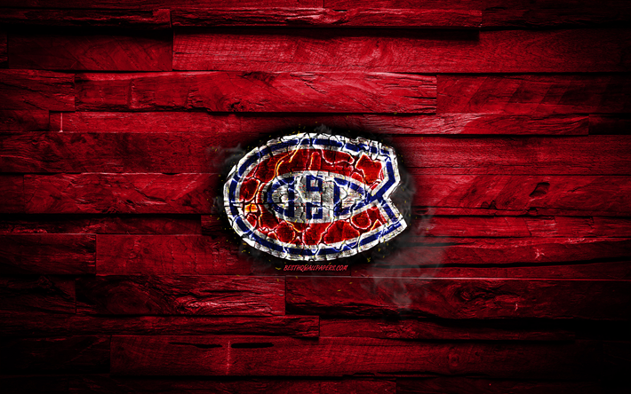 Montreal Canadiens, ardiente logotipo, NHL, p&#250;rpura fondo de madera, american equipo de hockey, el grunge, de la Conferencia este, hockey, Montreal Canadiens logotipo, fuego textura, estados UNIDOS