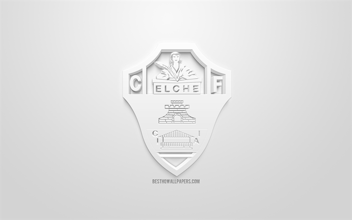 Elche CF, yaratıcı 3D logo, beyaz arka plan, 3d amblem, İspanyol Futbol Kul&#252;b&#252;, La 2 Lig, Segunda, Elche, İspanya, 3d sanat, futbol, 3d logo