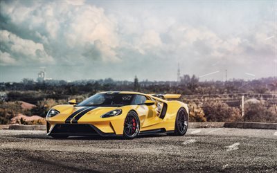 Ford GT, 2019, keltainen musta superauto, tuning, n&#228;kym&#228; edest&#228;, american sports autot, Ford