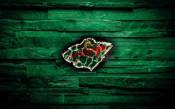 Minnesota Wild, fiery logo, NHL, verde, di legno, sfondo, americano, squadra di hockey, grunge, Western Conference, l&#39;hockey, il Minnesota Wild, texture del fuoco, USA