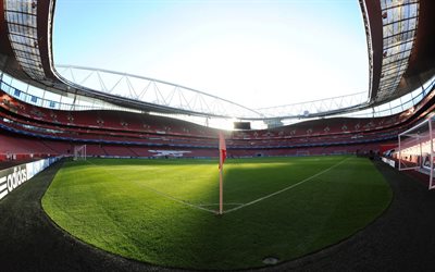 Emirates Stadium, Arsenal FC Stadium, soccer field, inside view, side flag, english football stadium, Holloway, London, England, Premier League