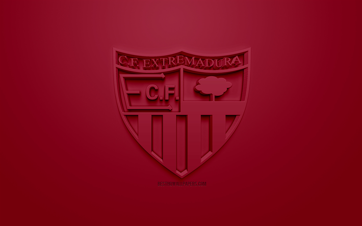 Extremadura UD, creative 3D logo, burgundy background, 3d emblem, Spanish football club, La Liga 2, Segunda, Almendralejo, Spain, 3d art, football, 3d logo