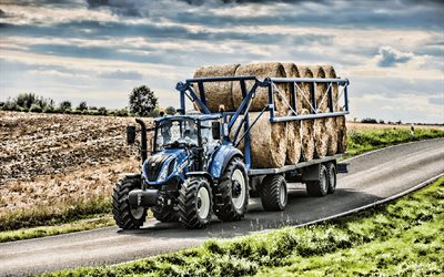 New Holland T5 120, 4k, hay transportation, 2019 tractors, agricultural machinery, HDR, tractor on road, agriculture, harvest, New Holland Agriculture