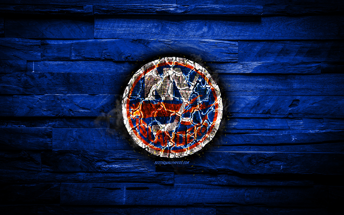 New York Islanders, fiery logo, NHL, blue wooden background, american hockey team, grunge, Eastern Conference, NY Islanders, hockey, New York Islanders logo, fire texture, USA