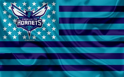 Charlotte Hornets, drapeau Am&#233;ricain club, American creative drapeau, drapeau bleu, NBA, Charlotte, Caroline du Nord, &#233;tats-unis, le logo, l&#39;embl&#232;me, le drapeau de soie, de la National Basketball Association, de basket-ball