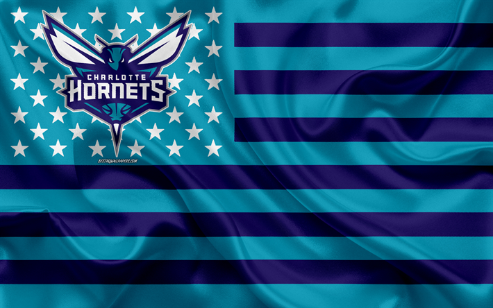 Charlotte Hornets, Amerikanska flaggan club, Amerikansk kreativa flagga, bl&#229; flagg, NBA, Charlotte, North Carolina, USA, logotyp, emblem, silk flag, National Basketball Association, basket