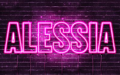 Alessia, 4k, wallpapers with names, female names, Alessia name, purple neon lights, horizontal text, picture with Alessia name