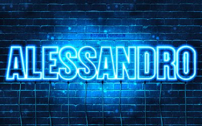 Alessandro, 4k, pap&#233;is de parede com os nomes de, texto horizontal, Alessandro nome, luzes de neon azuis, imagem com Alessandro nome