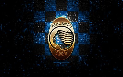 Atalanta FC, glitter logo, Serie A, blue black checkered background, soccer, Atalanta BC, italian football club, Atalanta logo, mosaic art, football, Italy