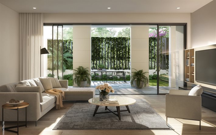 sala de estar, elegante design de interiores, bege estilo na sala de estar, um design interior moderno