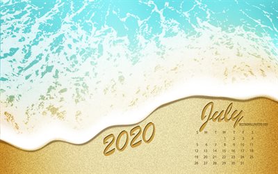 2020 July Calendar, sea coast, beach, 2020 summer calendars, sea, sand, July 2020 Calendar, summer art, July